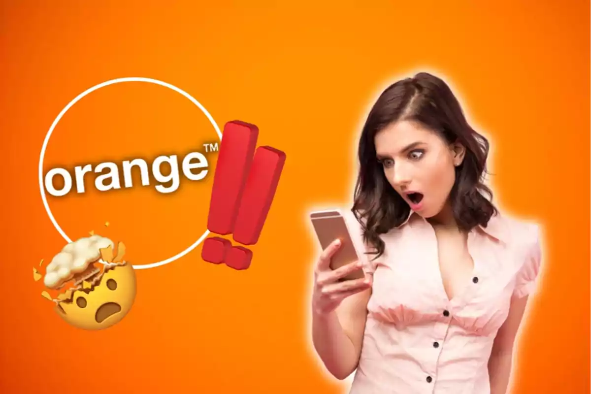 Dona sorpresa mirant el telèfon mòbil amb un fons taronja, el logo d'orange, un emoji de cap explotant i dos signes d'exclamació vermells.