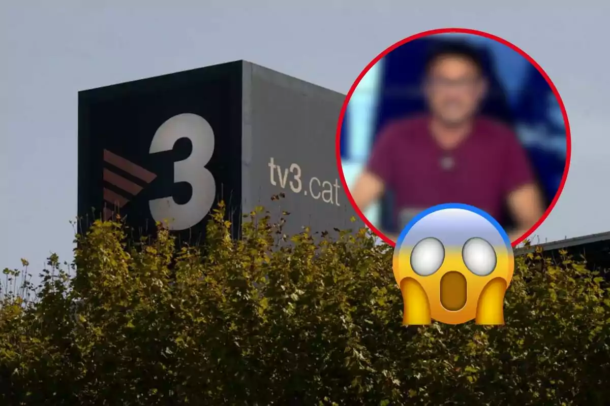 Edifici de TV3 amb un requadre borrós duna persona i un emoji sorprès superposat.