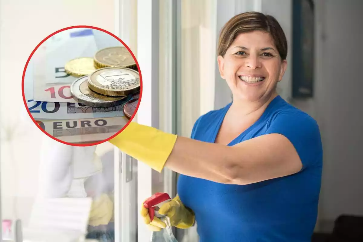 Muntatge amb una empleada de la llar i un cercle amb monedes i bitllets d'euro