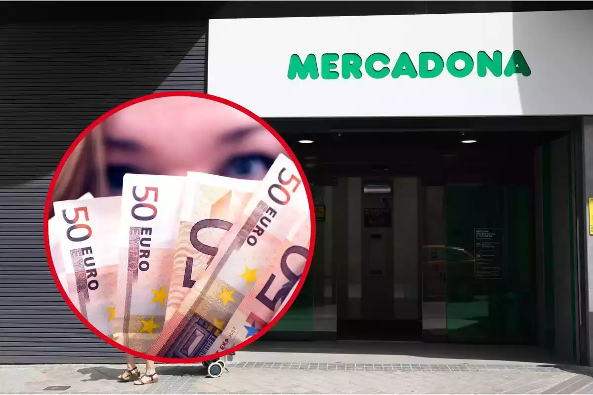 Imatge d'ulls de dona rossa desenfocada després d'un feix en ventall de bitllets de cinquanta euros inserida en un cercle sobre fons de porta de Mercadona