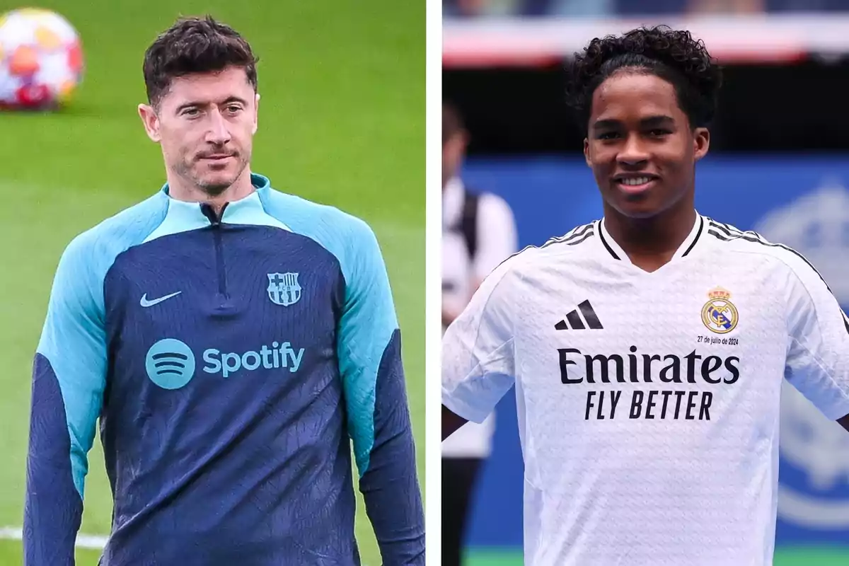 Two players in different team uniforms, one from FC Barcelona and the other from Real Madrid, pose on a soccer field. Two players in different team uniforms, one from FC Barcelona and the other from Real Madrid, pose on a soccer field.