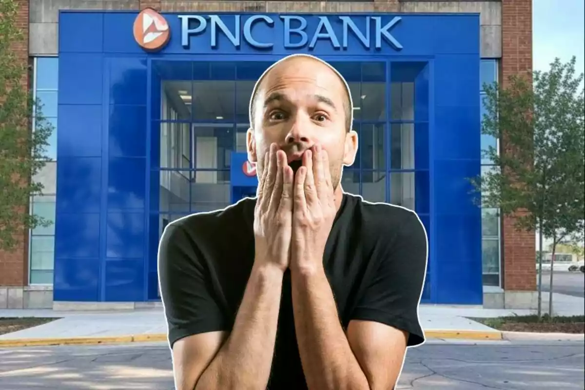 Un hombre con expresión de sorpresa o preocupación está frente a un edificio de PNC Bank.