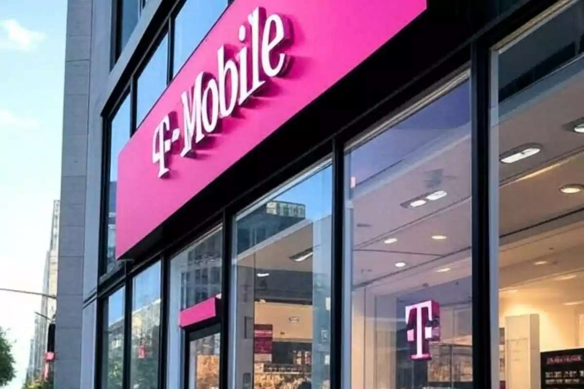 A T-Mobile mobile phone store in the United States with a pink sign and glass windows. A T-Mobile mobile phone store in the United States with a pink sign and glass windows.