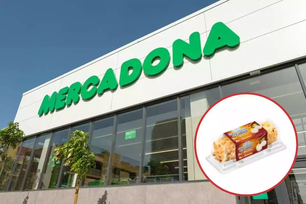 Muntatge amb la façana d'un supermercat de Mercadona i en un cercle el formatge de cabra amb mel i ametlles