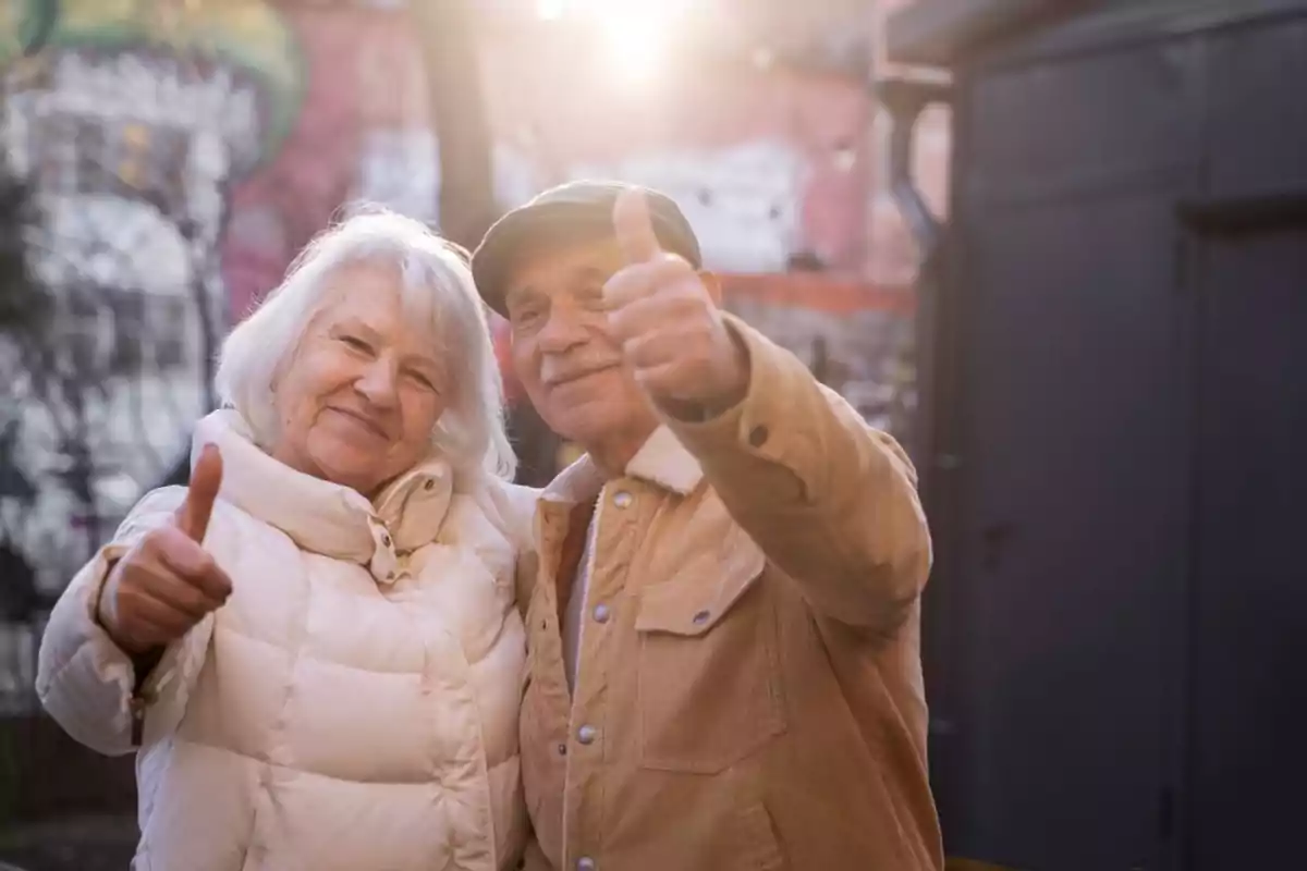 Una pareja de personas mayores sonríe mientras hace el gesto de pulgares arriba al aire libre.