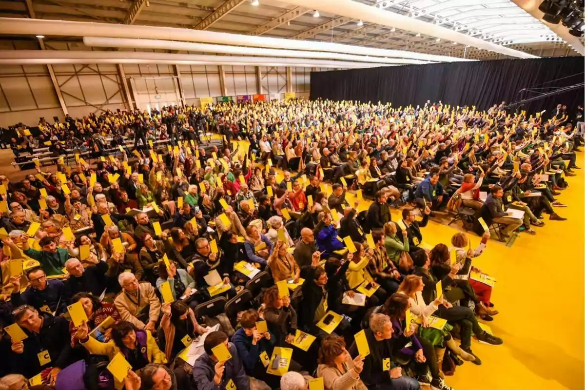 Una multitud de persones assegudes en un auditori aixecant targetes grogues.