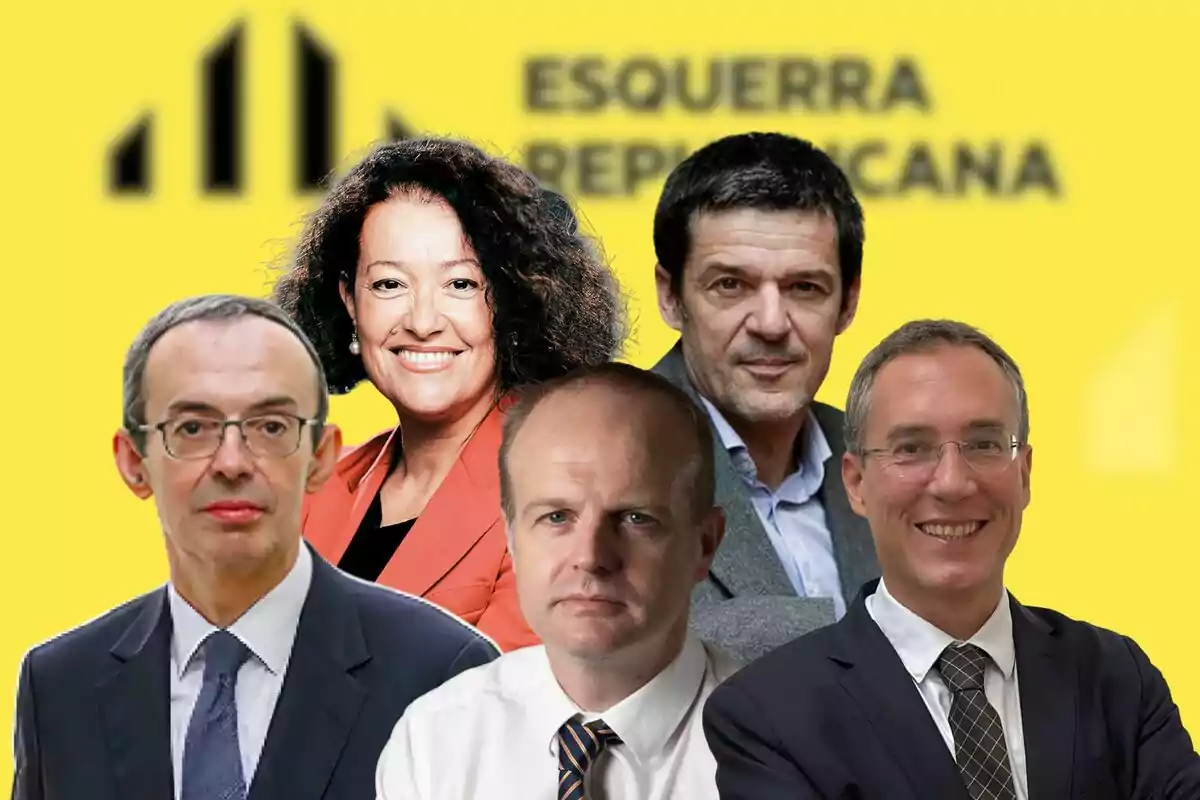 Five people pose in front of a yellow background with the Esquerra Republicana logo and text blurred. Five people pose in front of a yellow background with the Esquerra Republicana logo and text blurred.