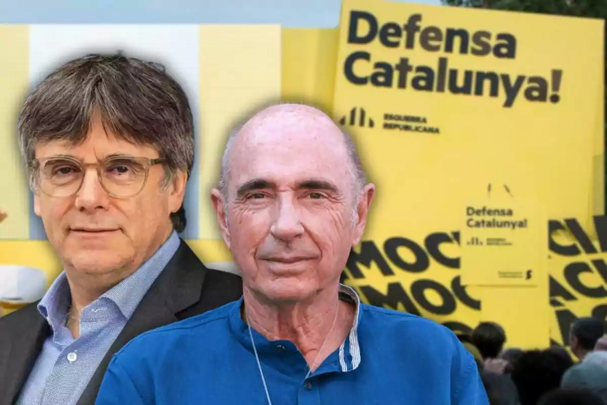 Dos homes davant d'un cartell groc amb el text "Defensa Catalunya!" i el logotip d'Esquerra Republicana.