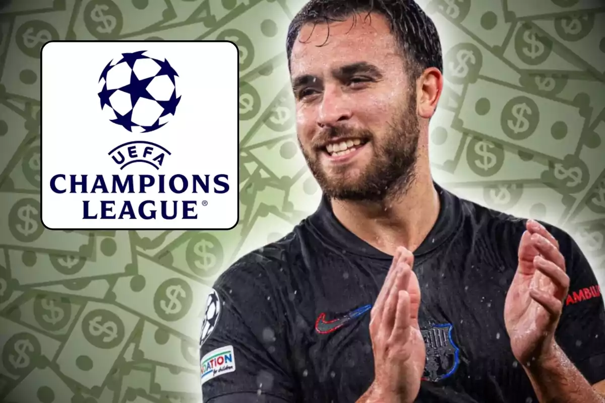 Un jugador de fútbol aplaudiendo con el logo de la UEFA Champions League y un fondo de billetes.