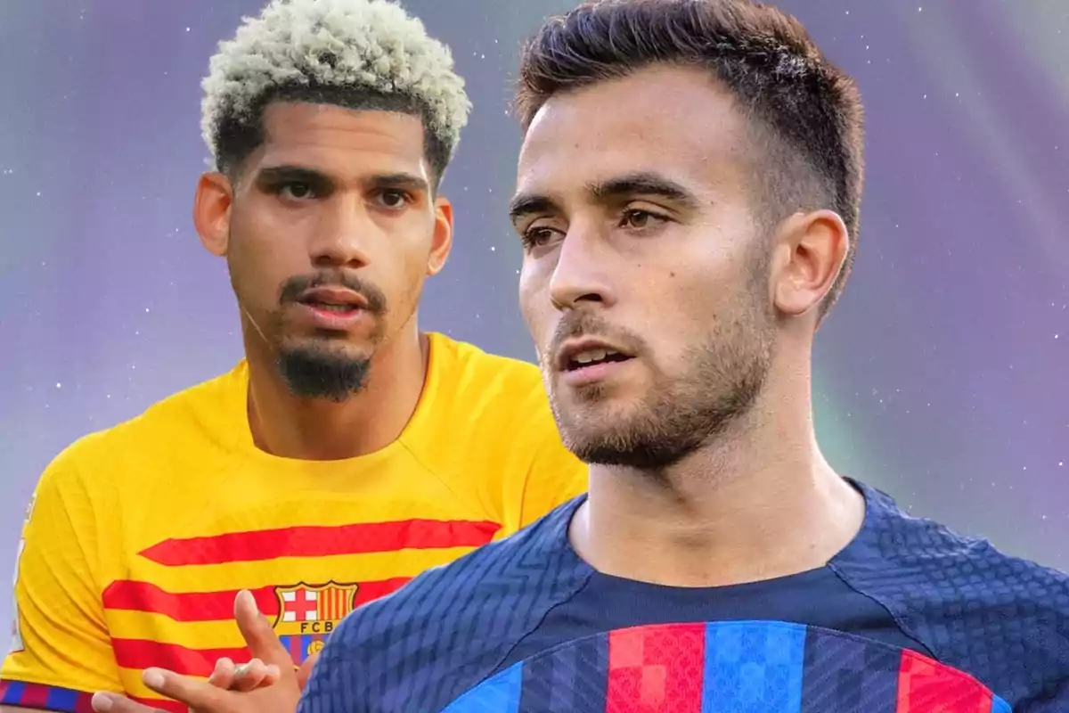 Dos jugadors de futbol amb samarretes del FC Barcelona en un fons difuminat.