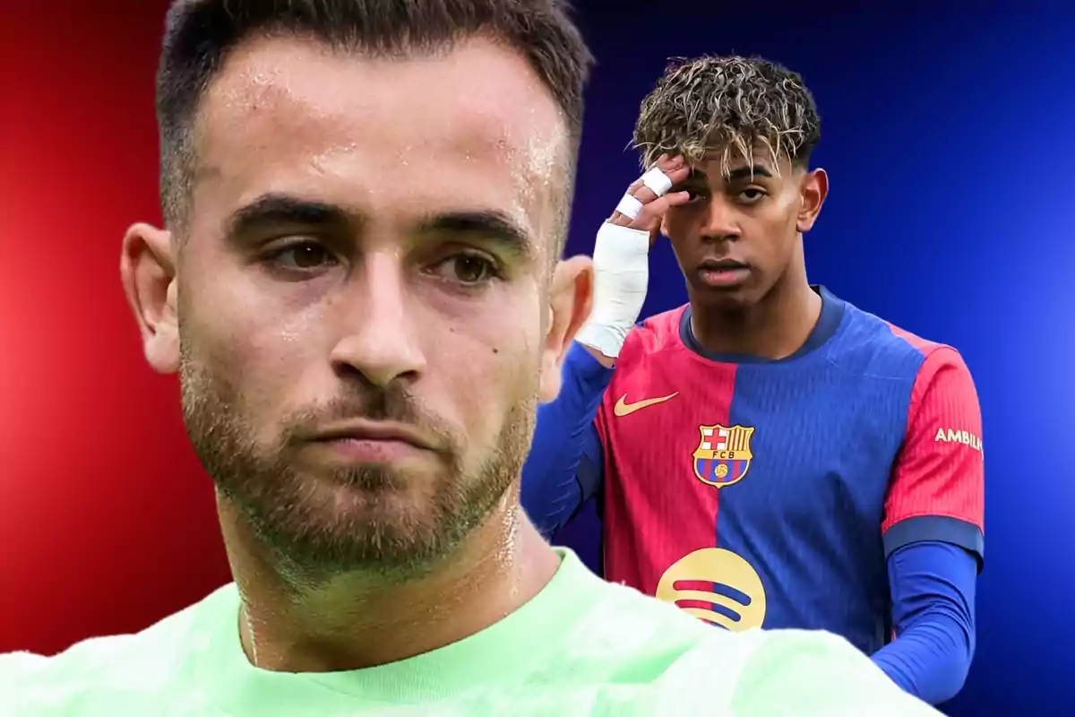 Dos jugadors de futbol amb expressions serioses, un en primer pla amb samarreta verda i un altre al fons amb uniforme del FC Barcelona en un fons degradat de vermell a blau.
