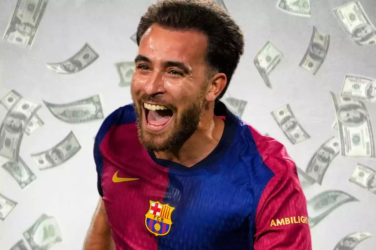 Un jugador de fútbol con la camiseta del FC Barcelona celebra mientras billetes de dólar flotan a su alrededor.