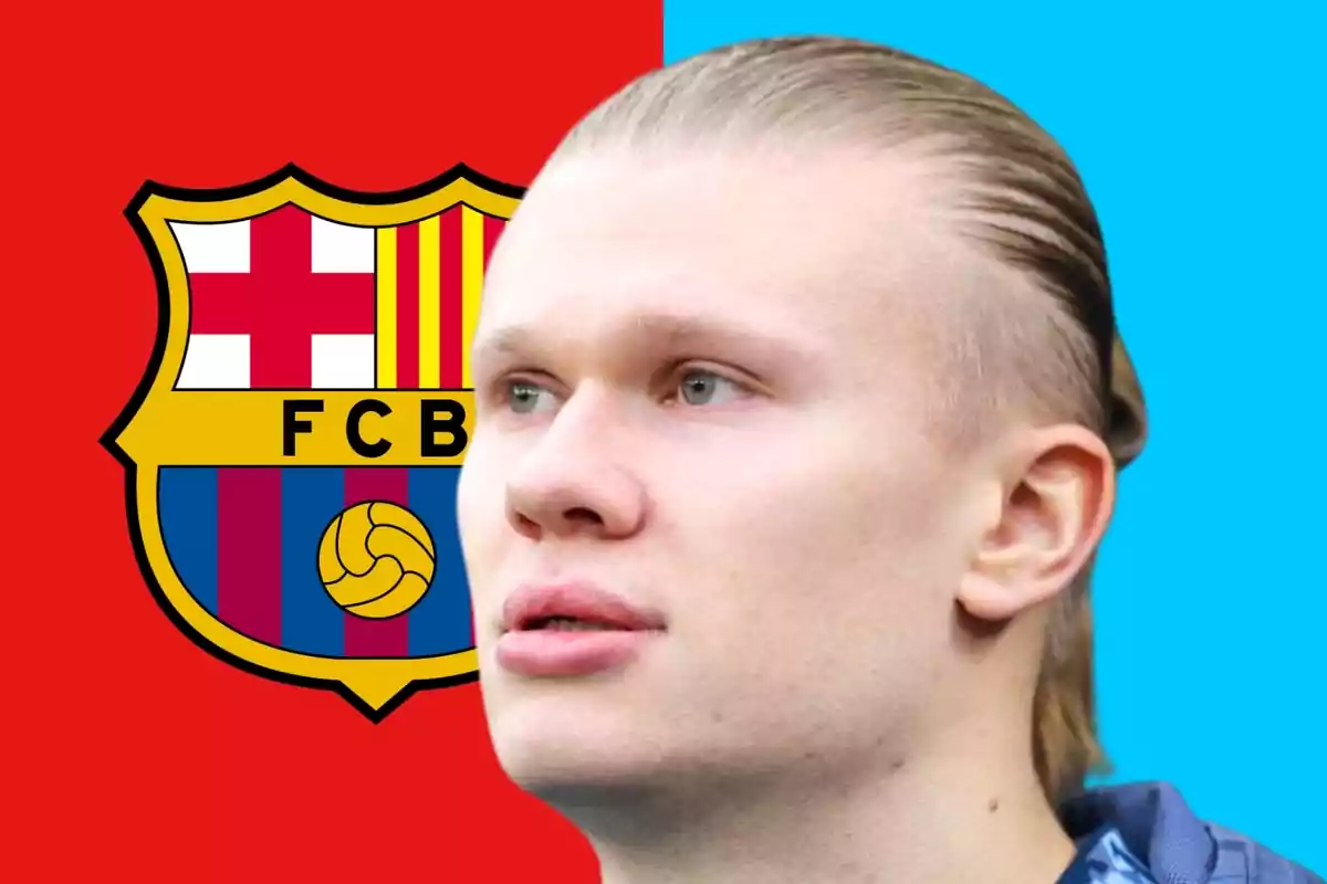 Un hombre de cabello rubio con fondo dividido entre el escudo del FC Barcelona y un color azul.