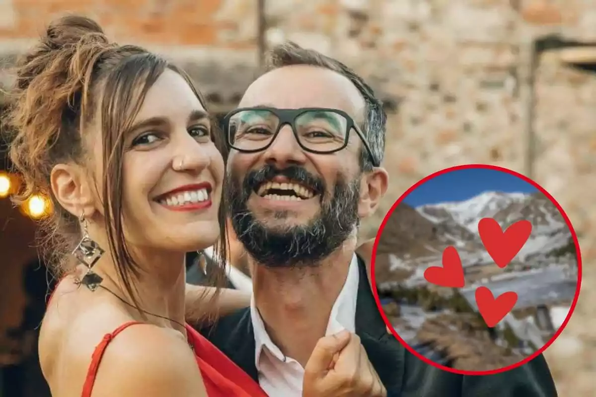 Jair Dominguez i Neus Rossell, cercle vermell amb muntanya de fons i cors vermells