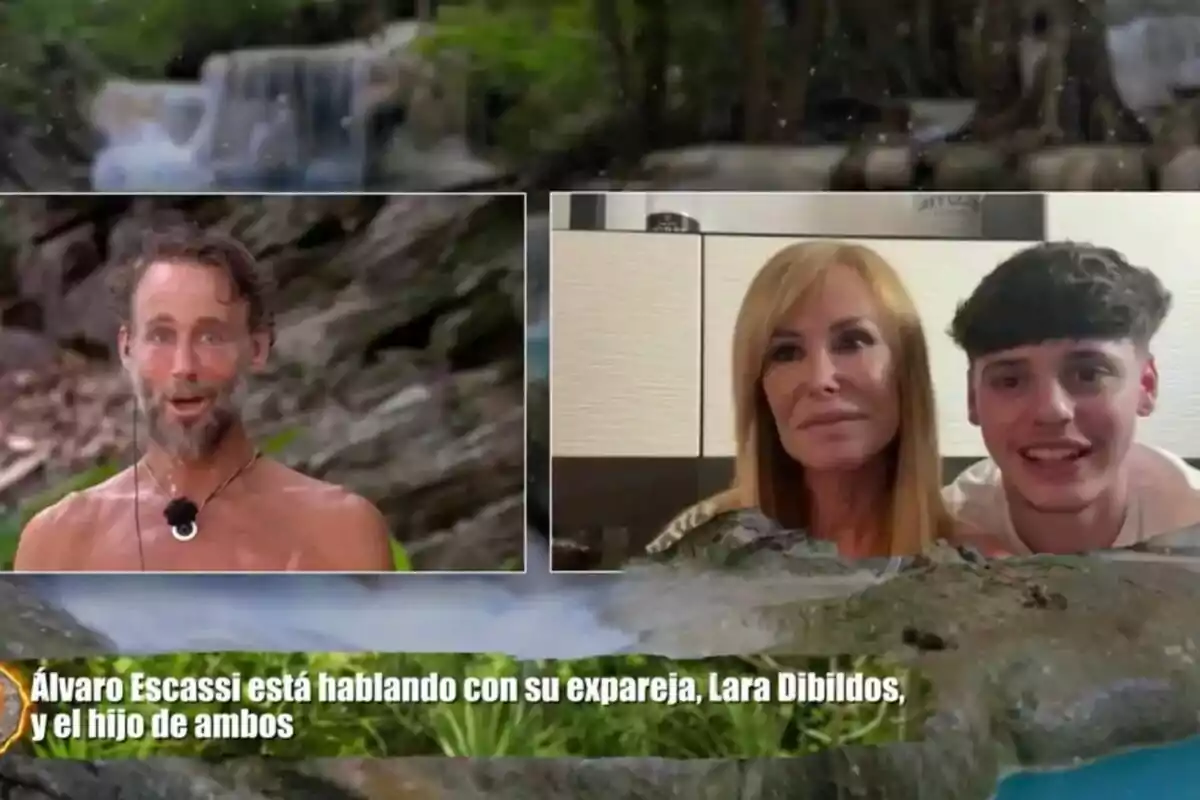 Álvaro Muñoz Escassi amb barba apareix en una videotrucada des d’un entorn natural de Supervivientes, mentre una Lara Dibildos i el seu fill jove somrient estan junts en una cuina, amb un text a la part inferior que menciona que Álvaro Escassi està parlant amb la seva exparella Lara Dibildos i el fill de tots dos. Álvaro Muñoz Escassi amb barba apareix en una videotrucada des d’un entorn natural de Supervivientes, mentre una Lara Dibildos i el seu fill jove somrient estan junts en una cuina, amb un text a la part inferior que menciona que Álvaro Escassi està parlant amb la seva exparella Lara Dibildos i el fill de tots dos.