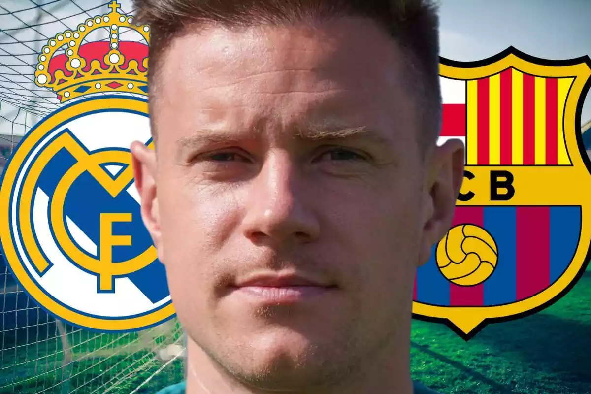 Muntatge Ter Stegen amb escuts Reial Madrid i FC Barcelona