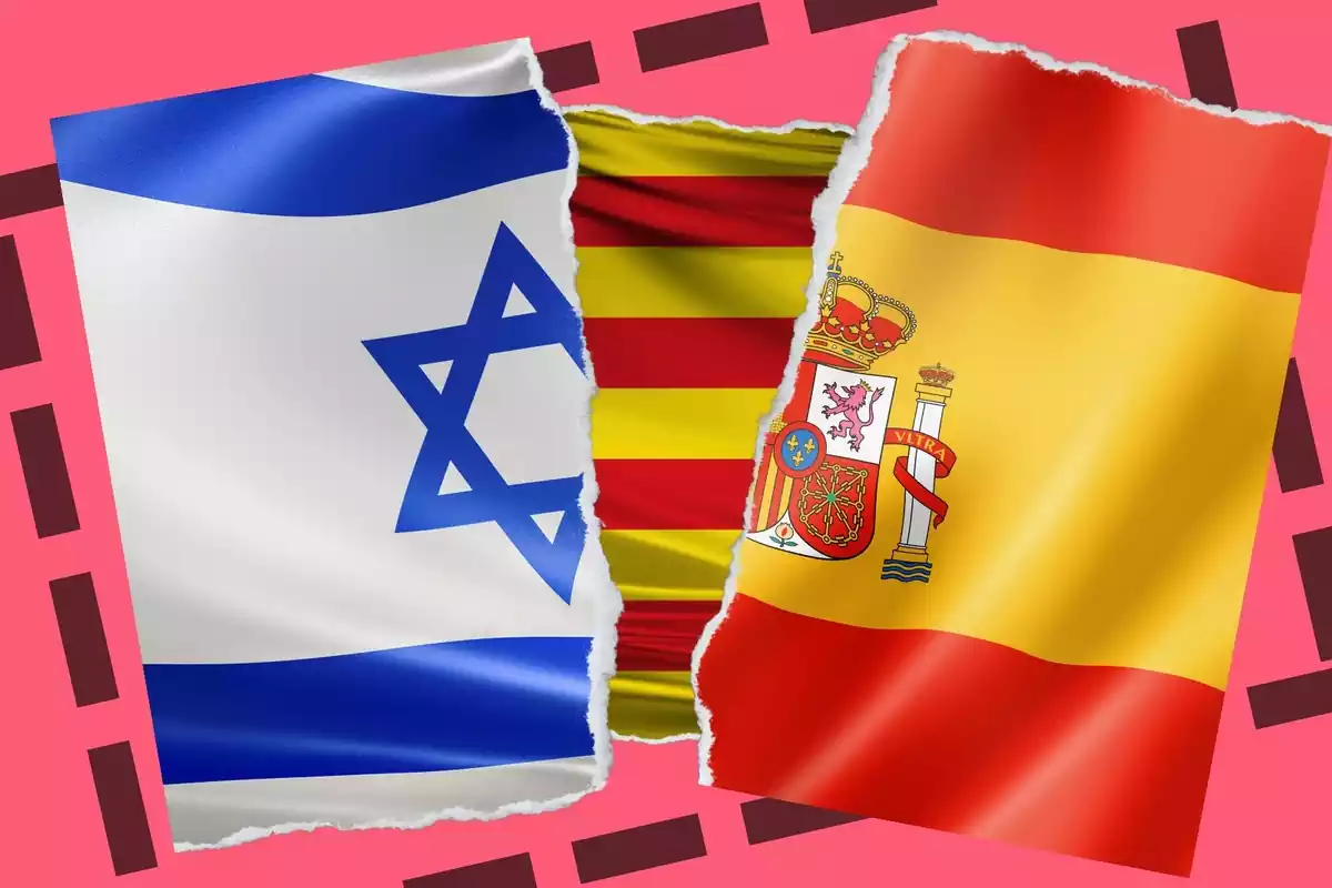 Imatge de les banderes d'Israel i d'Espanya trencades i de fons la bandera catalana