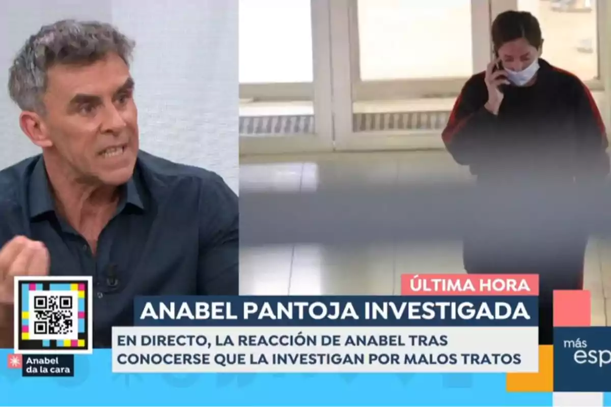 Alonso Caparrós speaking on a television program, alongside an image of Anabel Pantoja wearing a mask and using a mobile phone; the text on screen mentions an investigation related to Anabel Pantoja. Screenshot from 'Espejo Público'.