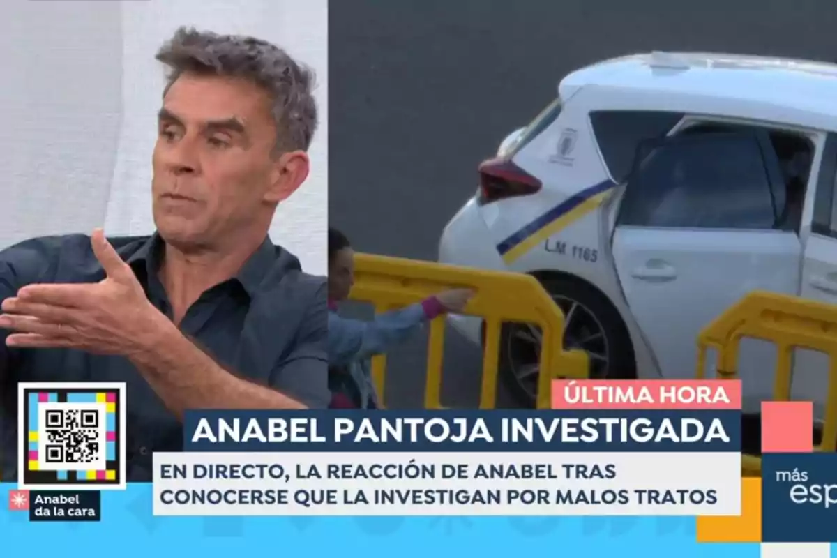 Alonso Caparrós gestures while speaking on a television program, with a graphic on screen mentioning an investigation about Anabel Pantoja. Screenshot from 'Espejo Público'.