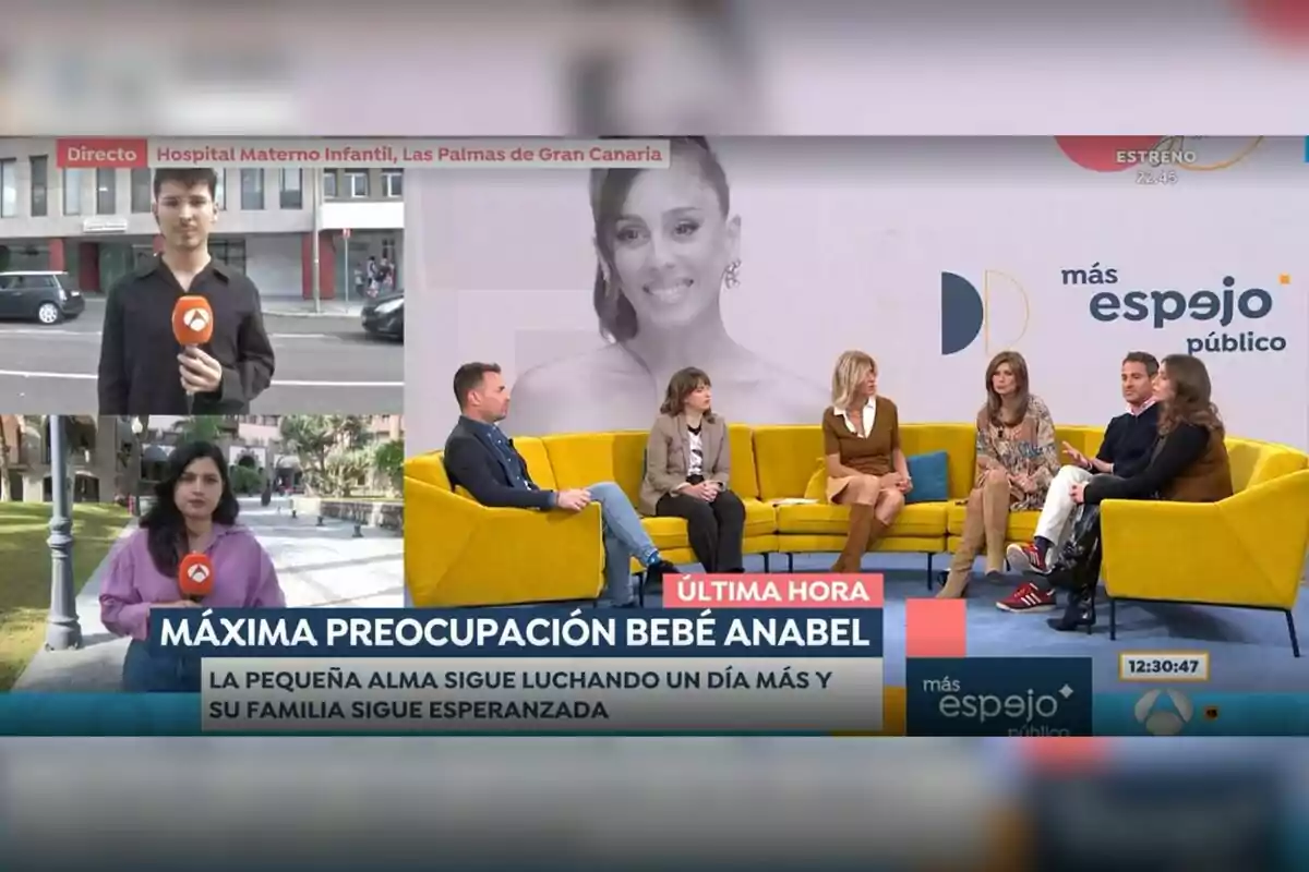 Un programa de televisió mostra diversos presentadors asseguts en un sofà groc discutint un tema d?actualitat mentre dos reporters informen des de diferents ubicacions exteriors. Captura d''Espejo Público'