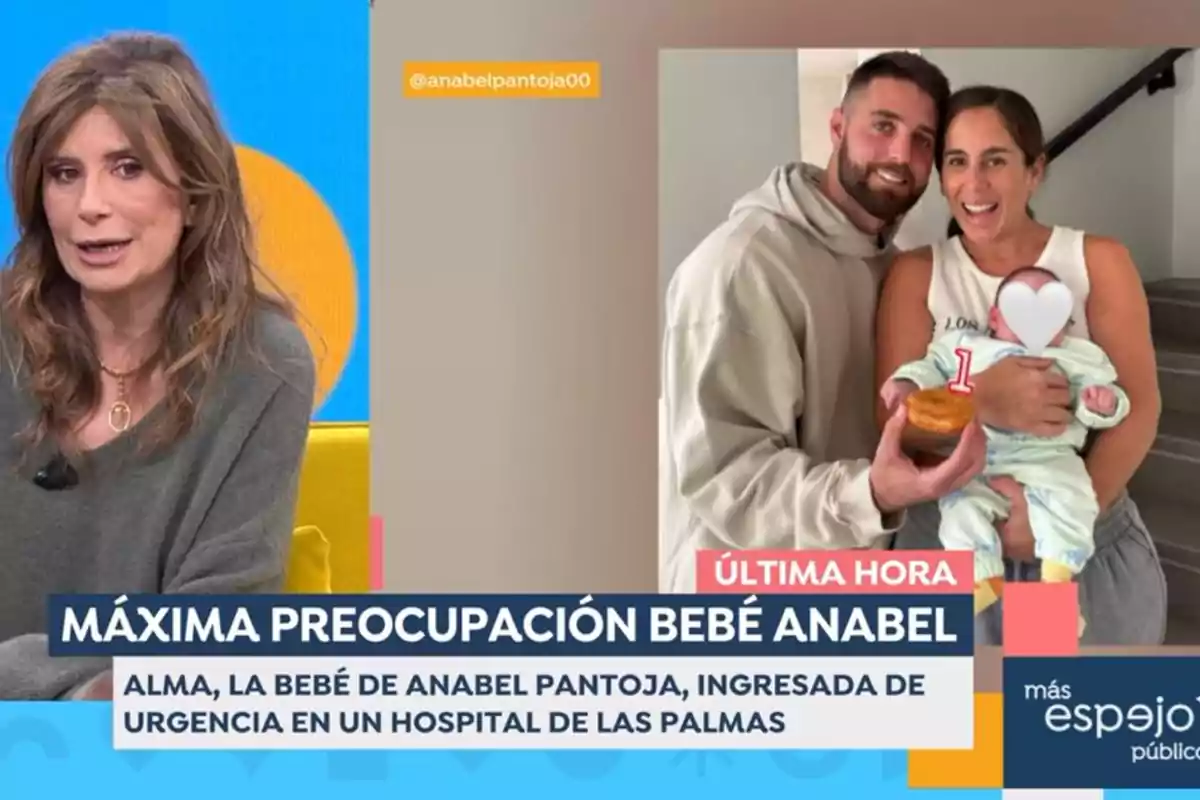 Gema López en un programa de televisión habla sobre una noticia urgente relacionada con un bebé ingresado en un hospital, mientras se muestra una imagen de David Rodríguez y Anabel Pantoja sosteniendo a un bebé. Captura de 'Espejo Público'