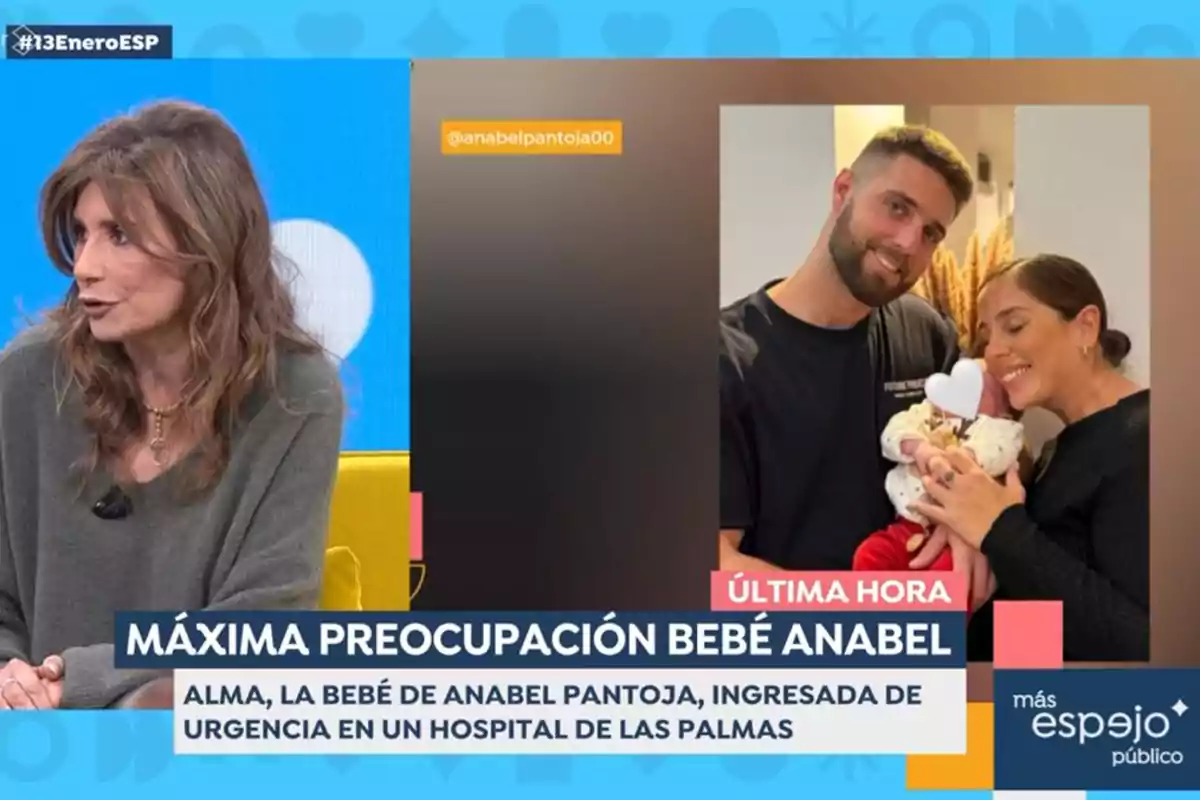 Gema López hablando en un programa de televisión con un recuadro que muestra a David Rodríguez y Anabel Pantoja sosteniendo a un bebé y un texto que informa sobre la hospitalización de un bebé llamado Alma en Las Palmas. Captura de 'Espejo Público'