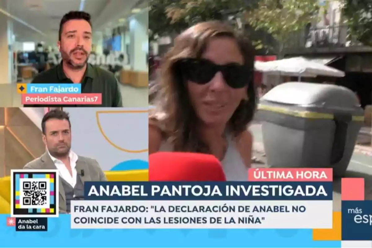 The image shows a news broadcast with a journalist and Miquel Valls in separate frames and Anabel Pantoja wearing sunglasses on the street, joined by text mentioning an investigation related to Anabel Pantoja. Screenshot from 'Espejo Público'.