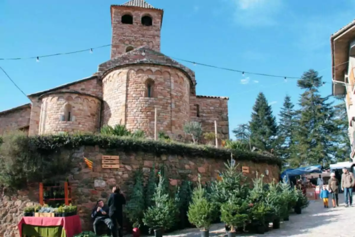 Una església de pedra amb un mercat exterior a on es venen arbres i plantes.