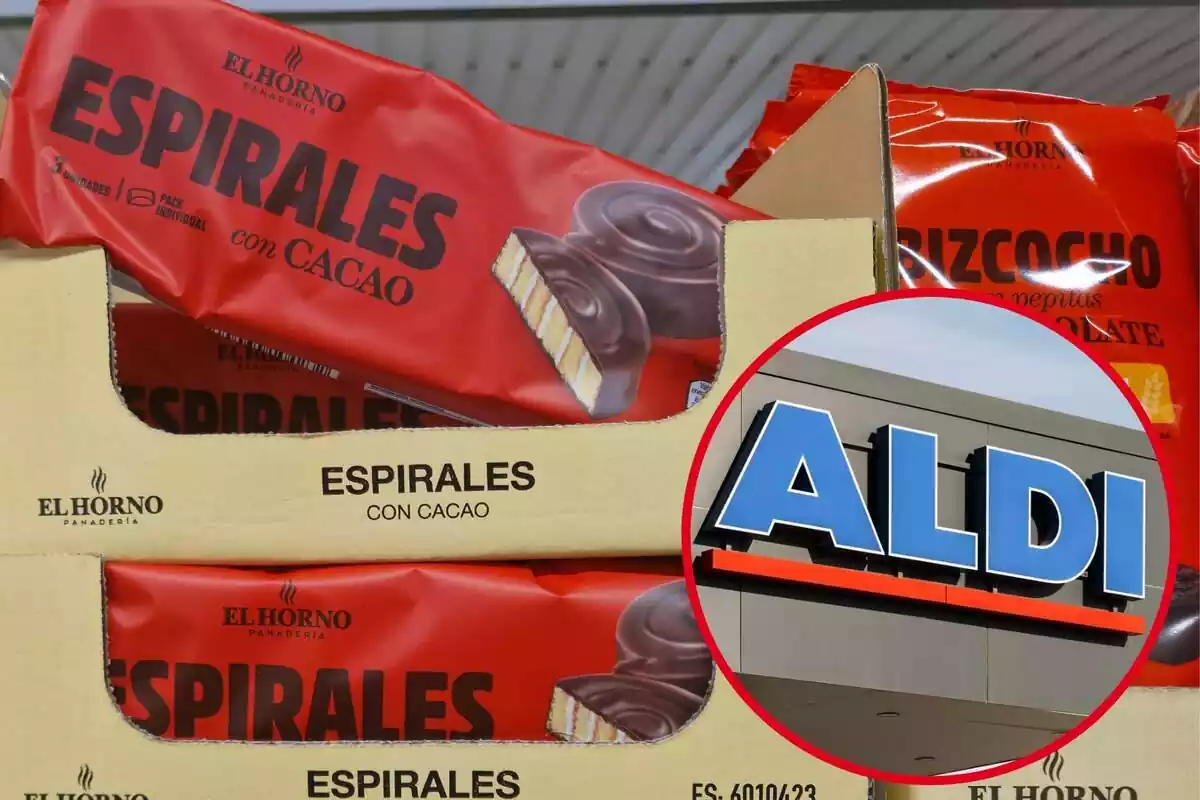 Imatge de fons dels espirals amb cacau d'Aldi i una altra imatge d'un logotip d'un supermercat Aldi