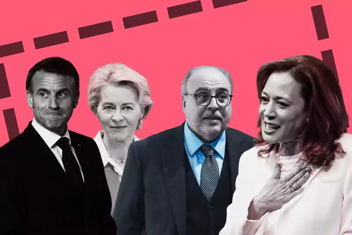 Macron, Von der Leyen, Juliana i Kamala Harris, posen davant un fons rosa amb un disseny geomètric.