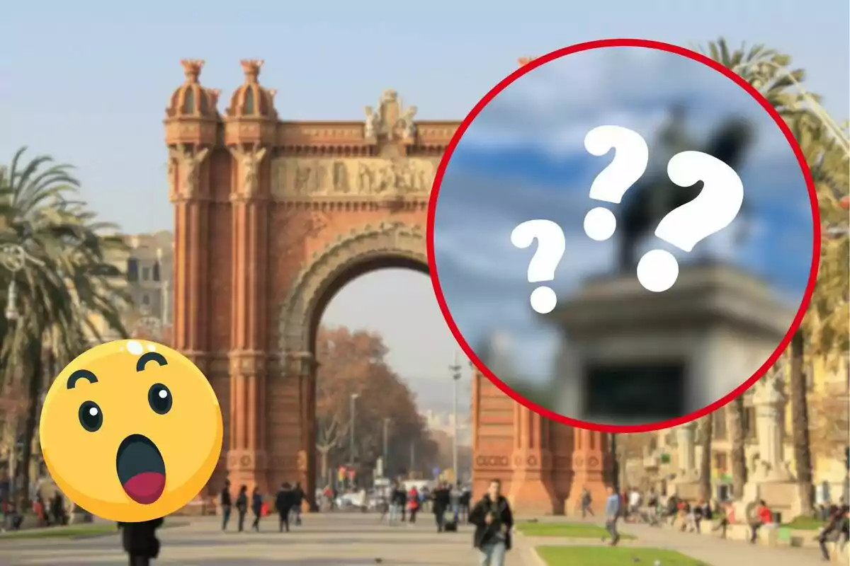 Arc de Triomf amb un emoji sorprès i un cercle vermell amb signes d interrogació.