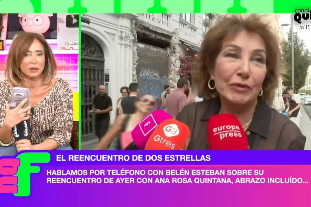 A la imatge s'observa a María Patiño a 'Ni que fuéramos' i imatges d'Ana Rosa Quintana, una d'elles està en un estudi sostenint un telèfon, mentre que l'altra està al carrer envoltada de micròfons de premsa, amb un text a la part inferior que menciona una retrobada entre dues estrelles. A la imatge s'observa a María Patiño a 'Ni que fuéramos' i imatges d'Ana Rosa Quintana, una d'elles està en un estudi sostenint un telèfon, mentre que l'altra està al carrer envoltada de micròfons de premsa, amb un text a la part inferior que menciona una retrobada entre dues estrelles.