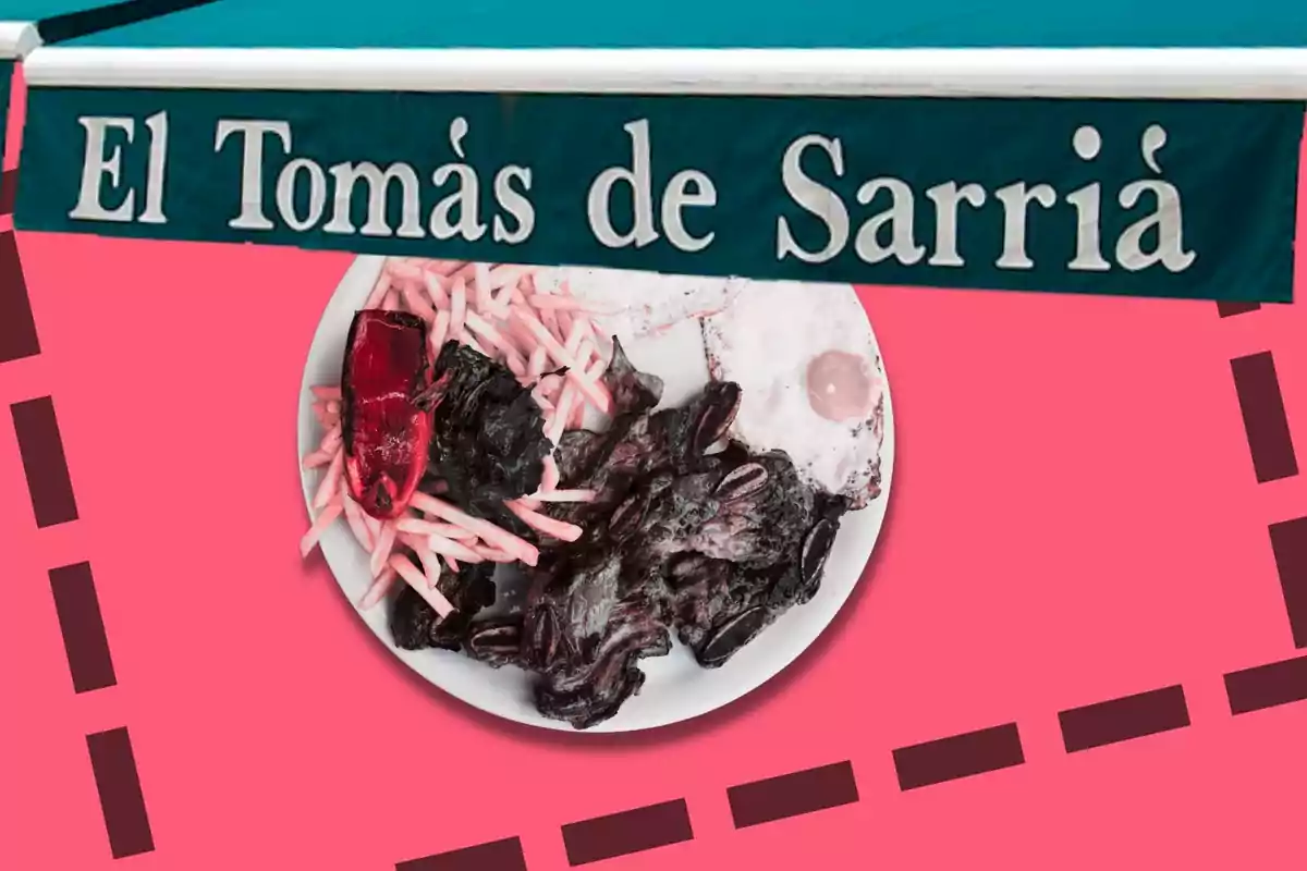 Muntatge amb el tendal del Bar Tomàs de Sarrià amb un plat combinat de fons