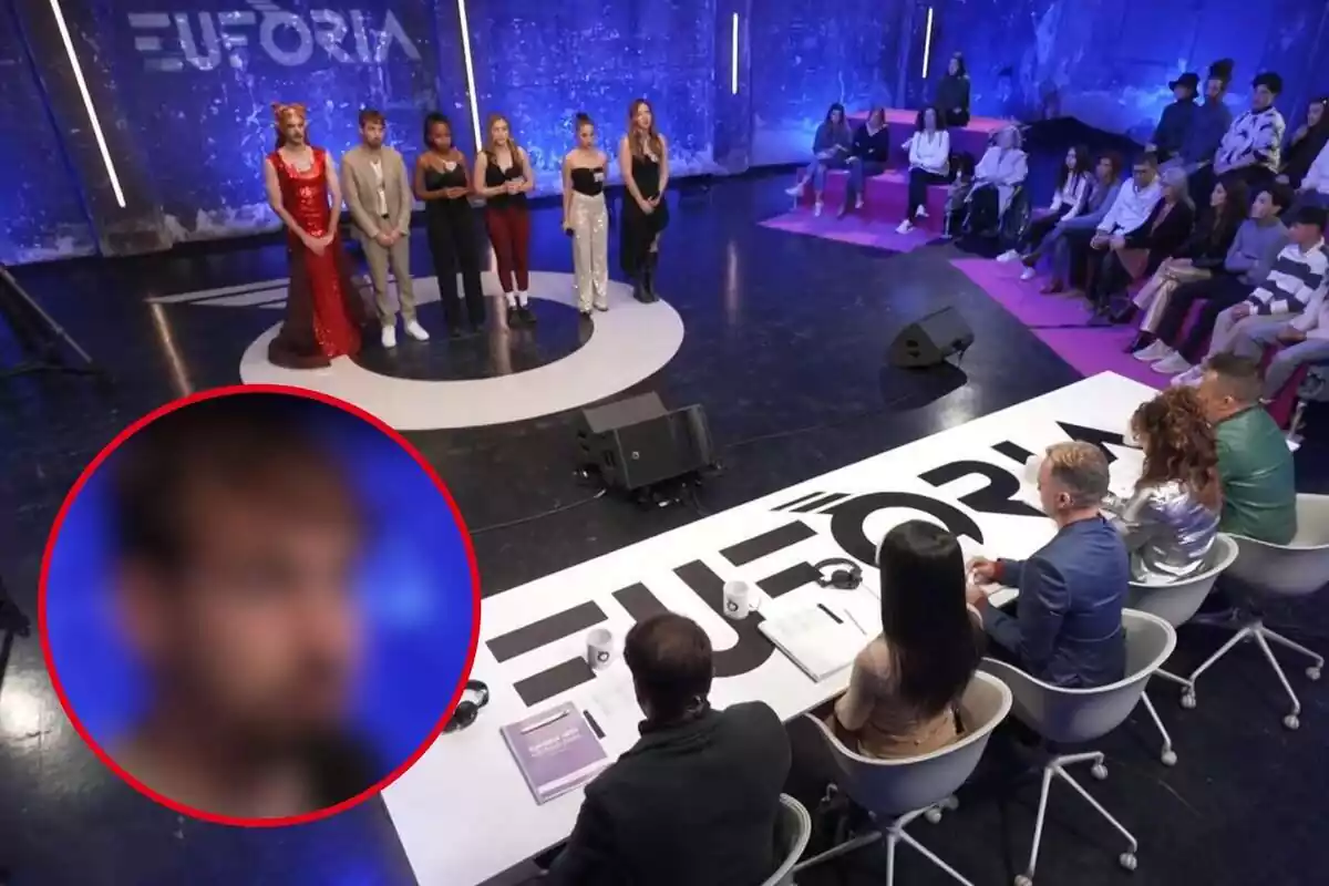Imatge de fons de l'emissió del concurs Eufòria de TV3 on es veuen els concursants, i una altra d'un concursant amb la cara desenfocada