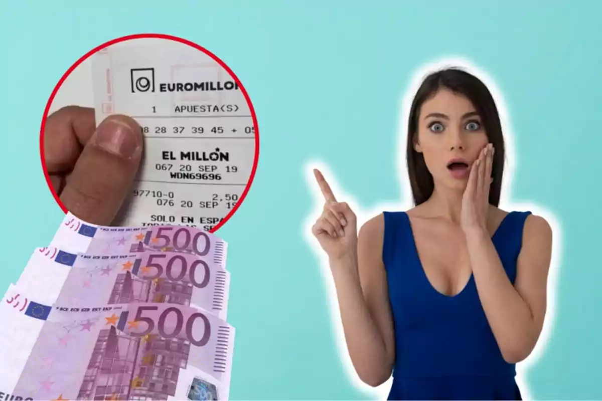 Una dona sorpresa assenyala cap a una butlleta de loteria d'Euromillones i diversos bitllets de 500 euros.