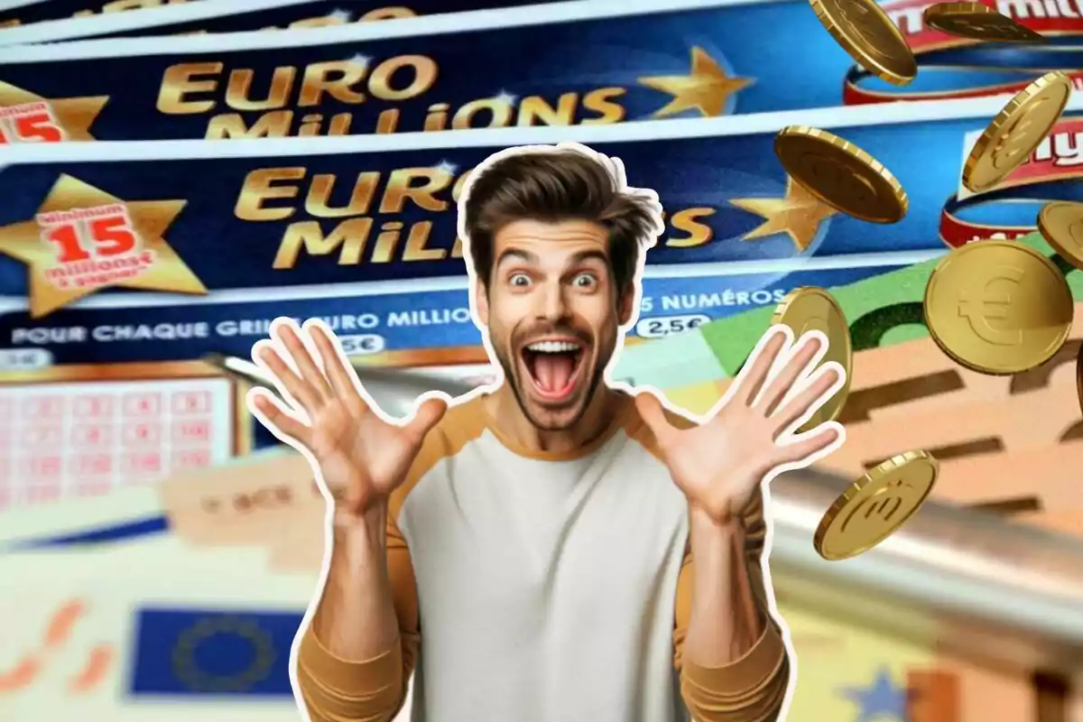 Home emocionat amb bitllets d'EuroMillions i monedes d'euro.