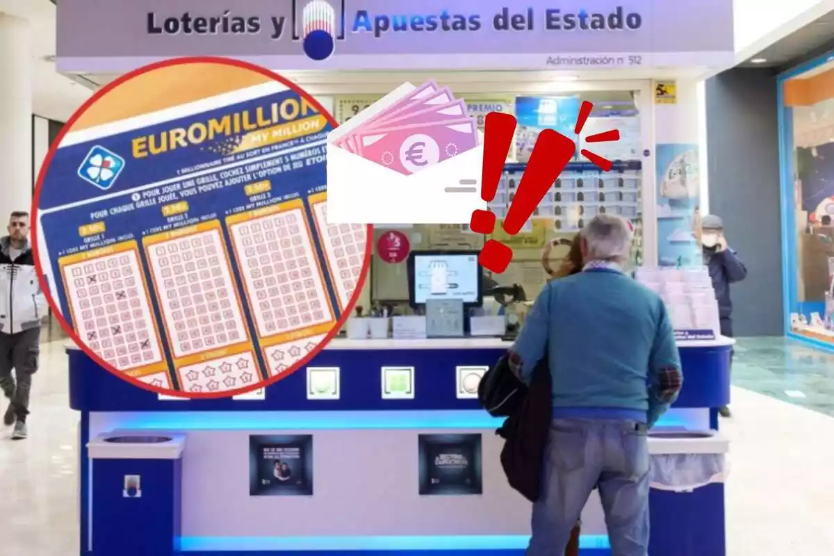 Imatge de fons d'una administració de Loteries i una altra imatge d'una butlleta de l'Euromilions amb dues emoticones, d'un sobre amb euros i una altra d'una exclamacions