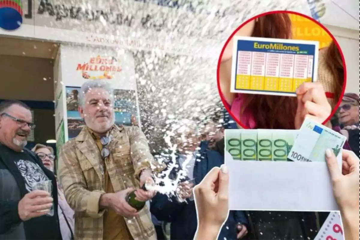 Imatge de fons de persones celebrant i una altra d'una butlleta de l'Euromilions i una tercera de diversos bitllets de 100 euros