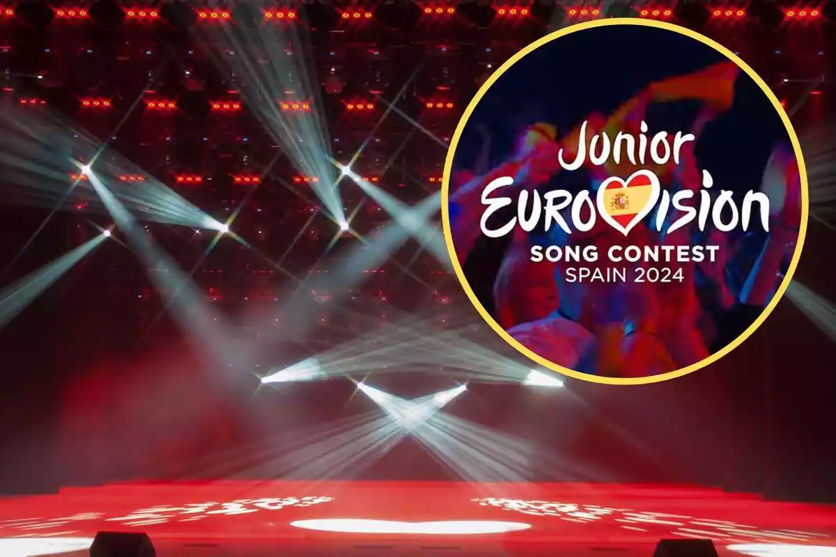 Imatge de fons d´un escenari amb il·luminació i una altra imatge del logo d´Eurovisió Junior per al 2024 a Espanya