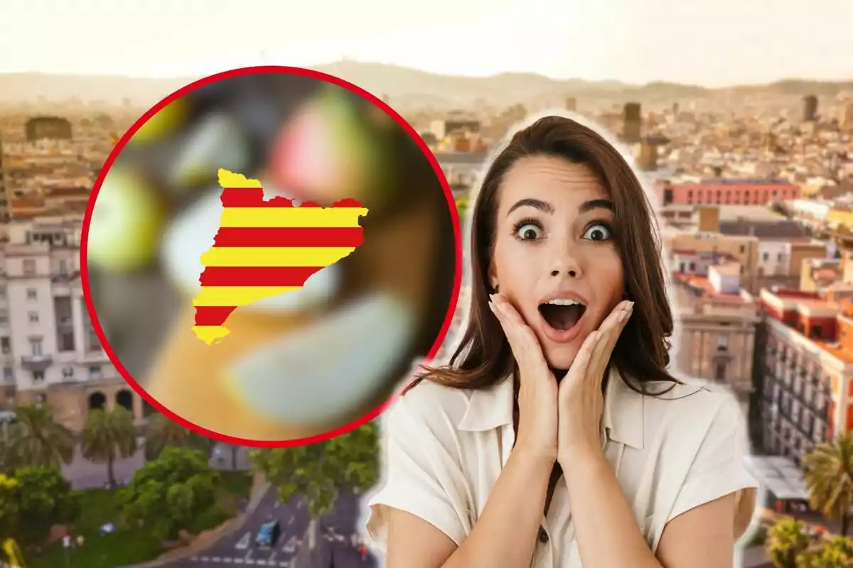 Una dona amb expressió de sorpresa davant d'un paisatge urbà amb un cercle que conté la silueta de Catalunya amb la bandera catalana.