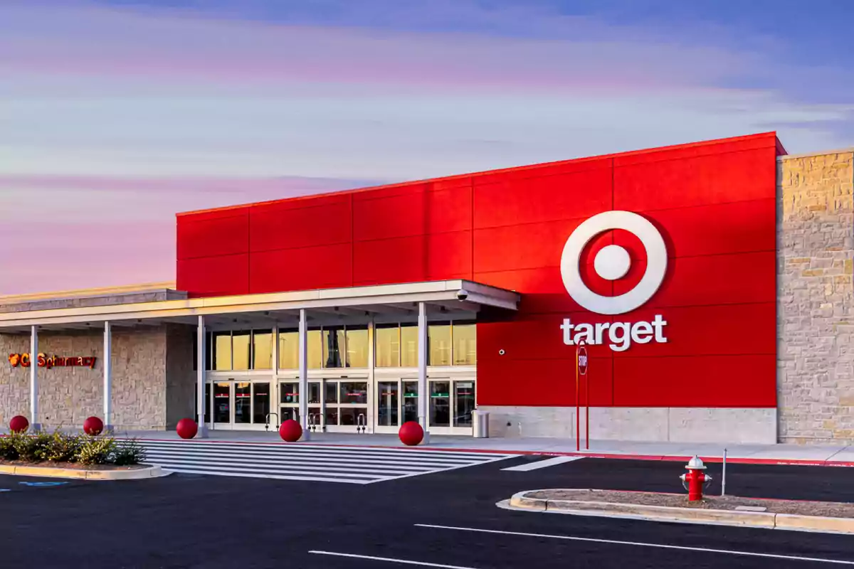 Fachada de una tienda con un gran letrero rojo y blanco en la entrada y un estacionamiento al frente. Fachada de una tienda con un gran letrero rojo y blanco en la entrada y un estacionamiento al frente.