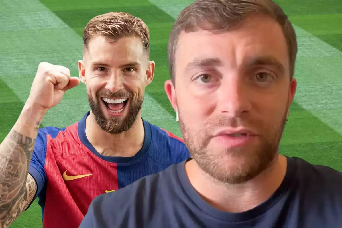 Un futbolista amb uniforme blau i vermell celebra amb el puny alçat mentre una altra persona apareix en primer pla sobre un fons de gespa d’estadi.