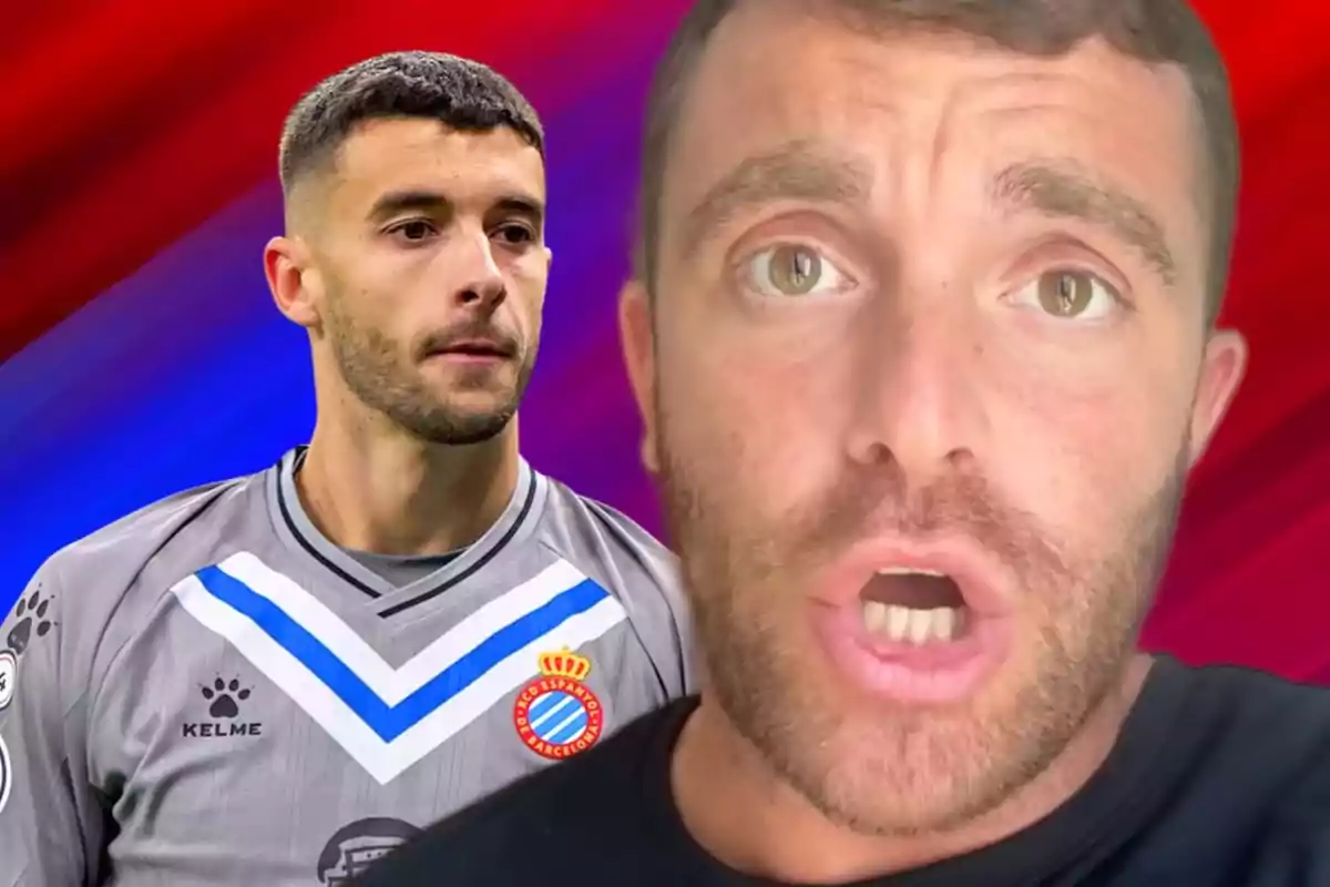 A goalkeeper in a gray Espanyol uniform and a man in the foreground with a surprised expression against a red and blue background.