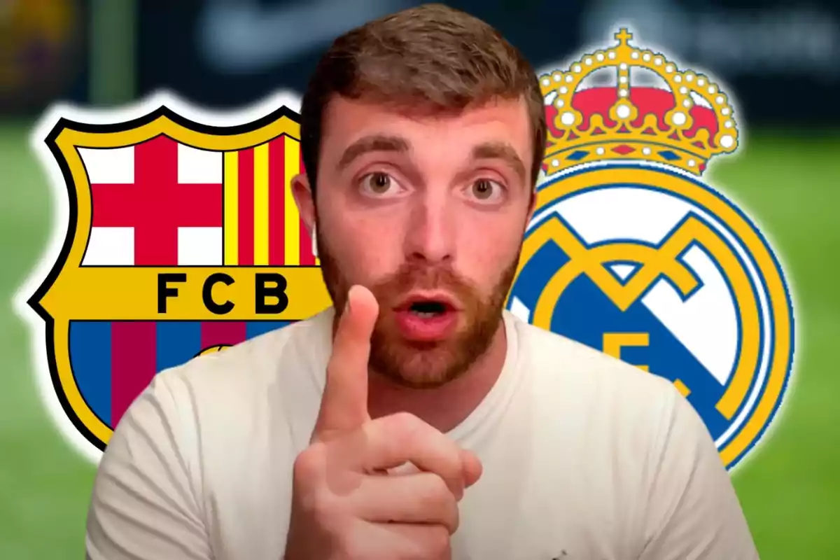 A man pointing with his finger in front of the FC Barcelona and Real Madrid crests.