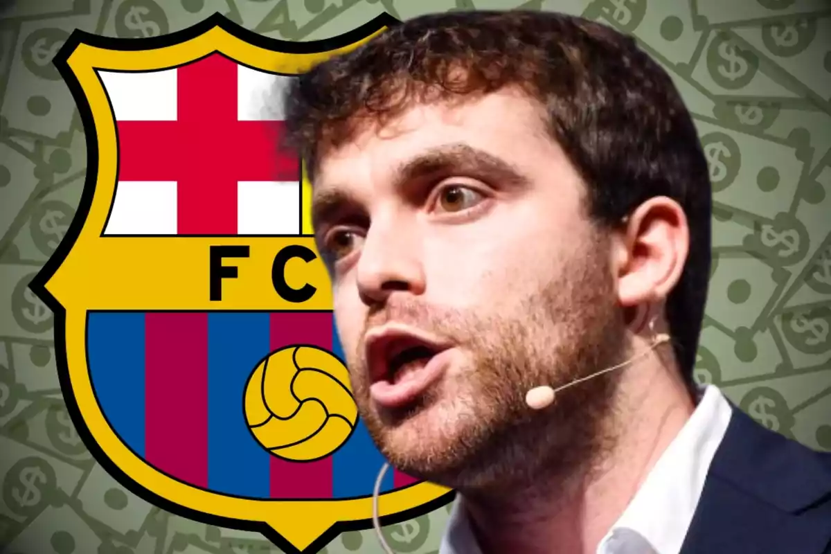 Man with a headset microphone speaking in front of the FC Barcelona crest and a background of bills with dollar signs