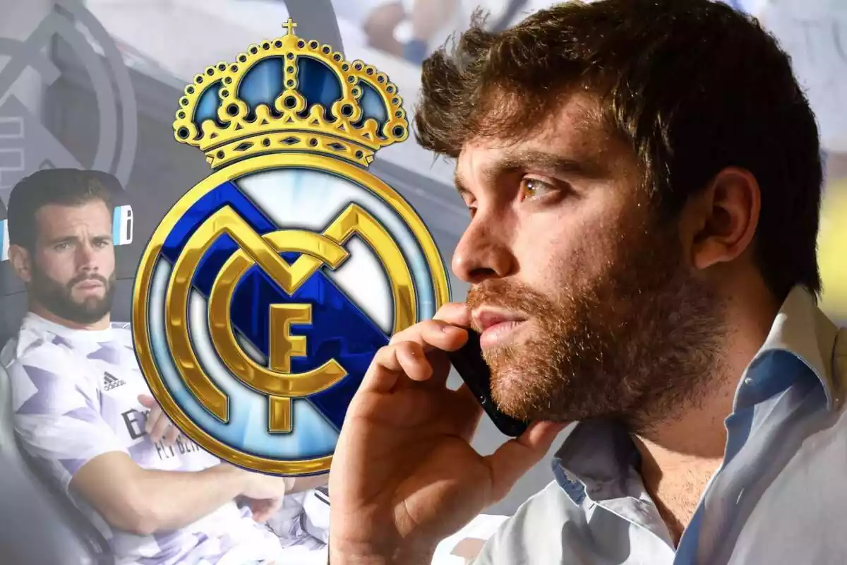 Fabrizio Romano amb el telèfon a la mà i l'escut del Reial Madrid al costat