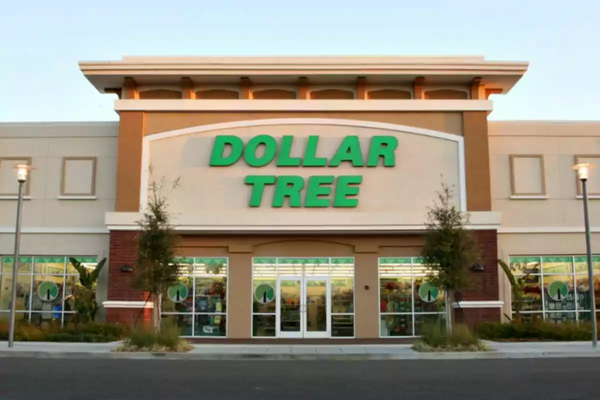 Facade of a Dollar Tree store with a green sign and large windows. Facade of a Dollar Tree store with a green sign and large windows.