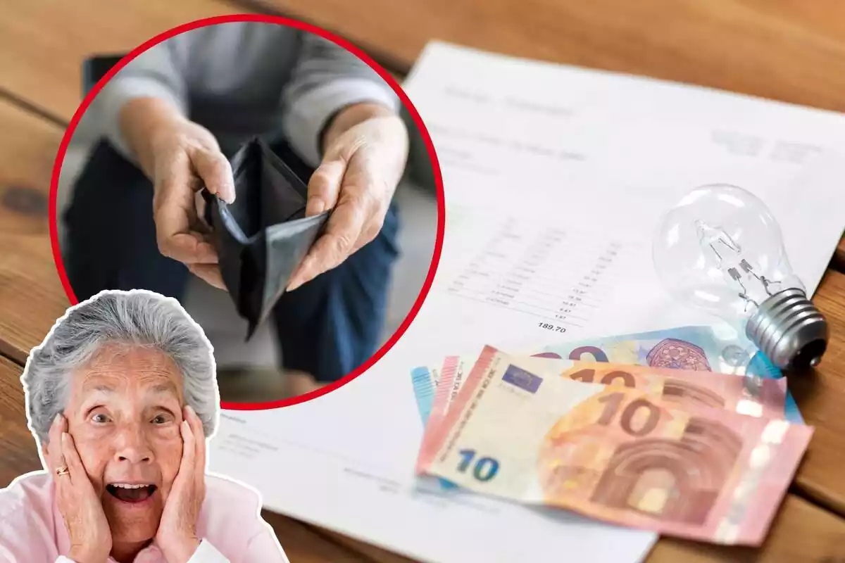 Background image of a bill with a light bulb and some bills on top, another image of a person opening an empty wallet with their hands, and a last image of an older woman with a surprised gesture