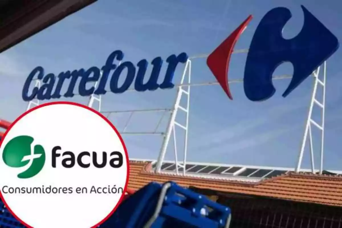 Logo de Carrefour ubicat sobre una teulada amb una esfera i el símbol de FACUA