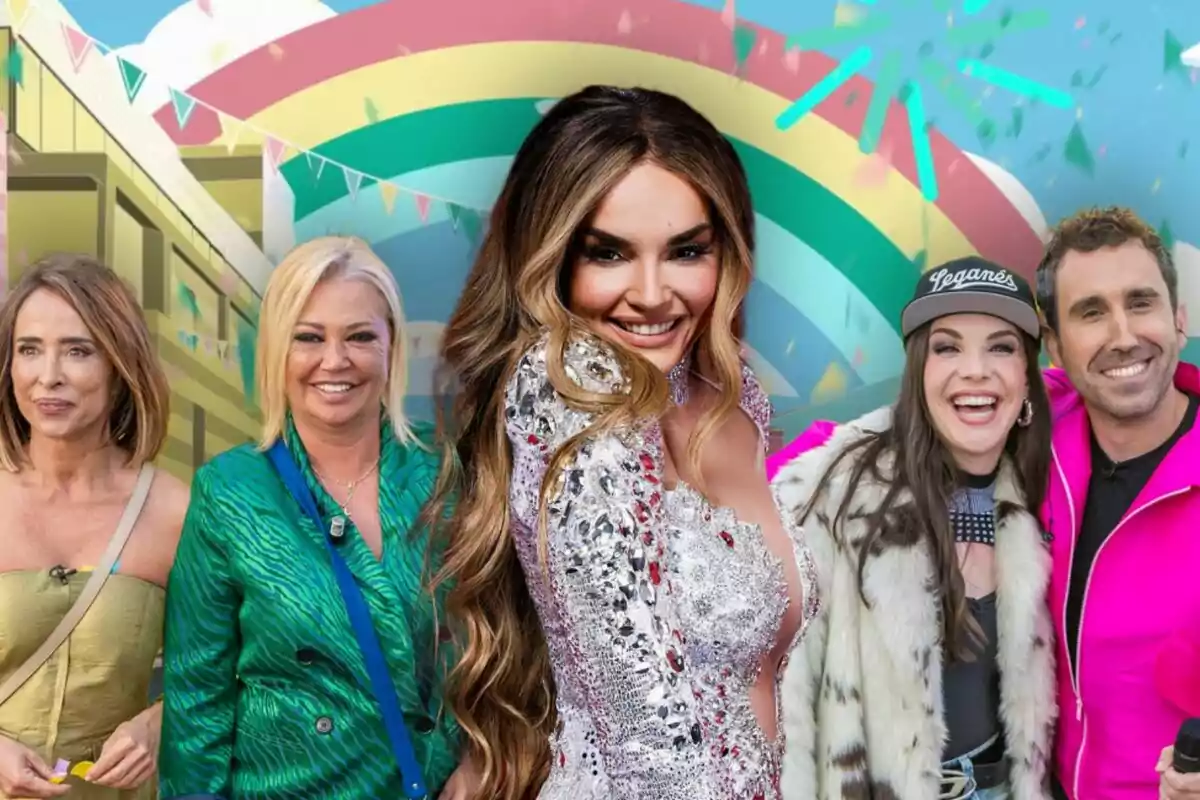 Un grup de persones format per María Patiño, Belén Esteban, Melody, Inés Hernand i Aitor Albizua somriu davant d'un fons acolorit amb un arc de Sant Martí i banderoles de La Família de la Tele. Un grup de persones format per María Patiño, Belén Esteban, Melody, Inés Hernand i Aitor Albizua somriu davant d'un fons acolorit amb un arc de Sant Martí i banderoles de La Família de la Tele.